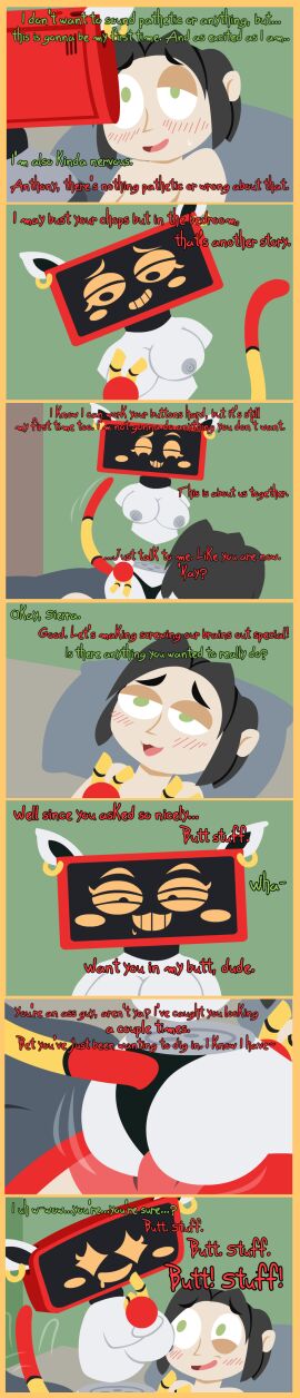 absurd_res anthony_(c.c.c.) anthro bedroom black_hair clothing collar comic domestic_cat duo ear_piercing english_text felid feline felis female floating_hands for_a_head green_eyes hair hi_res human human/robot lingerie long_image machine male male/female mammal nipples object_head panties piercing purple_nipples robot shane_frost sierra_(shane_frost) straddling tall_image text underwear white_body white_skin