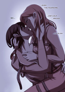 2girls asian asian_female attack_on_titan black-haired_female black_hair blonde-haired_female blonde_female blonde_hair blush embrace embracing female female/female female_only historia_reiss mikasa_ackerman okonomiyaky shingeki_no_kyojin tagme yuri