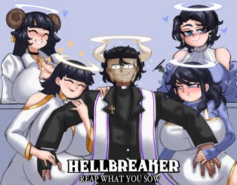 4girls absurd_res angel angel_girl baphomet_(grizz) bare_shoulders black_hair blue_eyes blue_nail_polish blush breasts child_bearing_hips choker cleavage closed_eyes commission cringe_self_insert cross cross_earrings curvaceous curvy dark-skinned_male dark_skin digital_media digital_media_(artwork) doocen doocen_(doocen) earrings female generic_(helltaker) group halo harem heart-shaped_pupils heart_eyes hearts helltaker horns huge_breasts hyper_breasts jealous lamb_horns light-skinned_female light_skin looking_at_viewer male modeus_(helltaker) multiple_females multiple_girls multiple_pregnancies nervous pale-skinned_female pale_skin pinup pouting pregnant pregnant_belly pregnant_female purification samuel_(significantsquare98) self_insert short_hair shoulders sweat sweater voluptuous voluptuous_female wedding_ring wide_hips