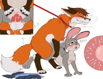 animal_genitalia animal_penis anthro anthro_on_feral balls bodily_fluids canid canine canine_genitalia canine_penis cum cum_inside disney duo female feral fox from_behind_position genital_fluids genitals hi_res inflation judy_hopps lagomorph leporid male male/female mammal mounting penetration penis psychobatsu pussy rabbit sex vaginal_penetration zoophilia zootopia