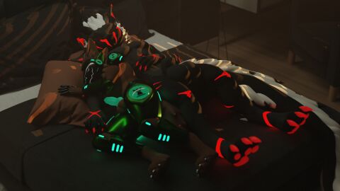 16:9 3d animal_genitalia anthro balls beady_(beadystream885) beadystream885 bed big_balls claws cuddling digital_media_(artwork) dragon duo erection fur furniture furred_dragon furred_scalie genitals hand_holding hi_res machine male male/male muscular muscular_male mythological_creature mythological_scalie mythology nardoragon nude penis protogen scalie sheath sleeping sleeping_together stockfish widescreen