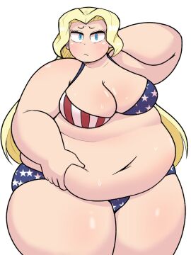 1girls america_(ohasi) american_flag_bikini arm_behind_head belly belly_grab bikini blonde_hair blue_eyes borrowed_character breasts chubby_female closed_mouth collarbone embarrassed fat fat_female female female_only flag_print highres large_breasts long_hair midnitemorty morbidly_obese morbidly_obese_female navel obese obese_female ohasi original pale_skin solo sweat swimsuit thick_thighs thighs white_background