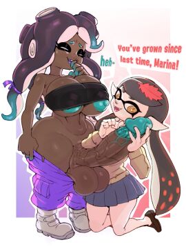 1futa 1girls balls balls_expansion balls_growth balls_growth_(enlargement) bandeau big_breasts breasts callie_(splatoon) clothed clothing dark-skinned_futa dark_skin dialogue dop doplino duo erection female futa_on_female futanari genital_expansion genital_growth genital_growth_(enlargement) huge_breasts huge_cock humanoid humanoid_penis inkling intersex kneeling light-skinned_female light_skin marina_(splatoon) mostly_nude nintendo nipple_slip nipples octoling penis penis_expansion penis_growth penis_growth_(enlargement) splatoon splatoon_(series) splatoon_2 standing tentacle_hair text