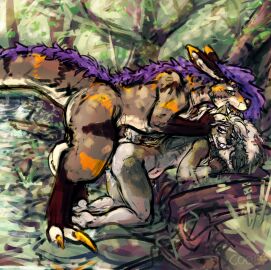 anthro balls big_balls bodily_fluids canid canine cool. creek cum cum_inside dominant dominant_feral feral genital_fluids genitals hi_res male mammal outside rodent sciurid squirrel water