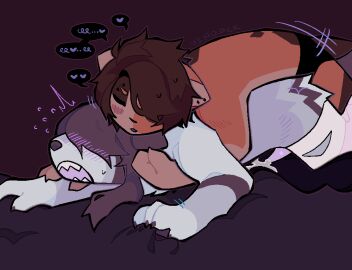 2023 anthro bandage blush brown_body brown_fur brown_hair calico_cat callie_(vinqou) canid canine domestic_cat duo eyebrow_piercing facial_piercing felid feline felis fox fur genitals grey_body grey_hair hair hair_over_eyes male mammal orange_body penis piercing platinum_fox red_fox reina_(vinqou) sharp_teeth teeth trans_man trans_woman transfem transmasc true_fox vinqock white_body white_fur