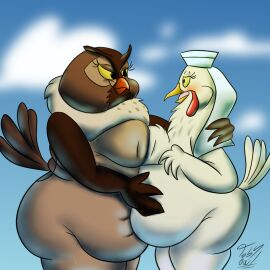2girls anthro anthro_only ass avian bbw belly_grab big_ass big_belly big_mama_(tfath) chicken chubby chubby_female crossover digital_art digital_drawing disney fat_ass fat_butt feathers female female_only furry_female furry_only galliform interspecies lady_kluck mature_female multiple_females multiple_girls overweight_female owl robin_hood_(disney) the_fox_and_the_hound toby_owl yuri