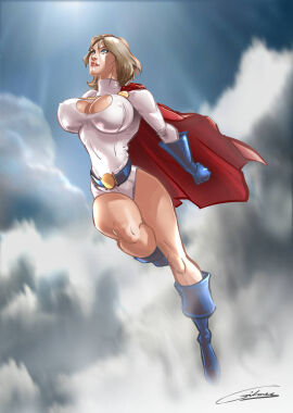 1girls 2d alien alien_girl ass athletic athletic_female belt big_breasts blonde-haired_female blonde_female blonde_hair blue_belt blue_boots blue_eyes blue_gloves blue_sky boob_window boot boots breasts cape cleavage_cutout cleavage_window clothed clothing cloud clouds cloudy_sky dc dc_comics exposed_legs female female_focus female_only fist fists_clenched flight flying fully_clothed gilmec gloves kara_zor-l karen_starr knee_up kryptonian large_breasts legs leotard light looking_away looking_up mantle nipple_bulge nipple_outline one_female power_girl red_cape revealing_clothes round_breasts sky solo sun sun_rays sunlight super_heroine superhero superheroine superman_(series) thick_ass thick_legs thick_thighs thighs tight_clothing white_leotard white_skin