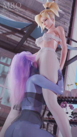 2girls 3d 3d_(artwork) amelie_lacroix angela_ziegler areolae arm_tattoo ass blizzard_entertainment blonde_hair blue_skin bra breasts cunnilingus cunnilingus_through_clothes detailed_background eating_pussy female female_focus female_only hi_res high_resolution highres large_breasts leggings light-skinned_female light_skin mercy moonroomoom nipples overwatch overwatch_2 purple_hair pussy see-through_clothing tattoo wide_hips widowmaker yuri