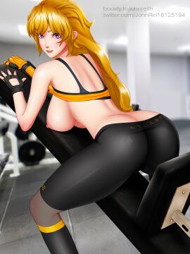 1girls ass ass_crack bent_over big_ass big_breasts blonde_hair blush breasts busty butt_crack clothes_lift come_hither fat_ass female female_only fingerless_gloves gloves highres huge_ass john_reith large_breasts legs long_hair looking_at_viewer looking_back nipples open_mouth parted_lips pink_lips purple_eyes rwby sensual sideboob sitting smile solo sports_bra sports_bra_lift sportswear sweat thighs yang_xiao_long