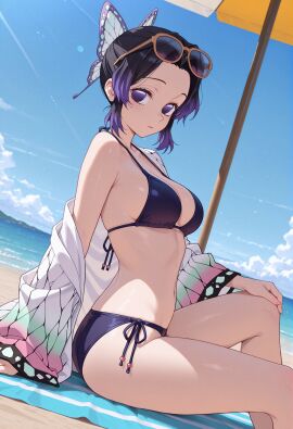1girl 1girls ai_generated beach bikini black_bikini blue_sky breasts butterfly_hair_ornament cleavage cloud day eyewear_on_head forehead hair_ornament kimetsu_no_yaiba kochou_shinobu looking_at_viewer medium_breasts ocean outdoors owari_wan purple_bikini purple_eyes purple_hair sand short_hair side-tie_bikini sitting sky solo sunglasses swimsuit umbrella water