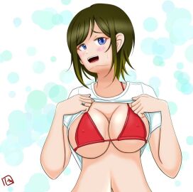 akashi_maho bagmozzarella big_breasts blush bra breasts d4dj female flashing flashing_breasts nipple_bulge sweatdrop watermark