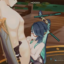1boy 1girls 3d aether_(genshin_impact) background blender blonde_hair blowjob breasts erect_penis erection female genshin_impact glasses light-skinned_female light_skin male male/female oral_sex penis pubic_tattoo stockings straight succubus_tattoo tagme text tigercat xianyun_(genshin_impact)
