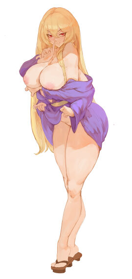 4_arms arm_under_breasts ass bathrobe blonde_hair breasts clogs demon female geta high_resolution highres kanipal_onayu large_ass large_breasts large_thighs lifting_clothing multi_arm multi_limb oc presenting red_eyes sandals silence_gesture succubus tezy8art