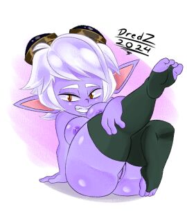 1girls ass barefoot big_ass big_breasts big_butt breasts dredz female laying_down league_of_legends looking_at_viewer purple_body purple_skin pussy riot_games short_hair shortstack smiling thick thick_ass thick_thighs thighhighs thighs tristana white_hair yordle