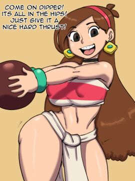 1girls big_breasts bracelet braces breasts brown_hair chel_(cosplay) choker cosplay costume darkeros13 disney disney_channel disney_xd earrings female gravity_falls grey_eyes headband hip_sway huge_breasts large_breasts light-skinned_female looking_at_viewer mabel_pines smile text the_road_to_el_dorado thick_thighs tribal_clothing very_long_hair wide_hips