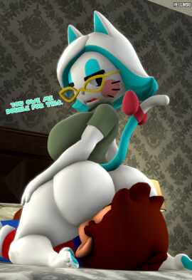 1boy 1girls 3d annoyed anthro anthro_on_human ass bed bedroom big_ass big_breasts bowtie breasts brown_hair cat_ears cat_tail clothed clothed_male facesitting feline female glasses karen_(smg4) karen_katphish looking_at_another looking_back male mario mario_(series) open_mouth pantsless relliksb sfm smg4 source_filmmaker tail talking_to_another talking_to_partner text watermark yellow_glasses