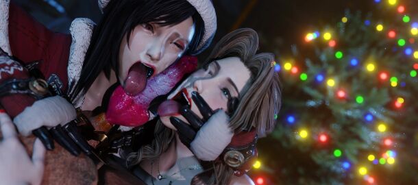 1dog 2girls 3d 3d_animation aerith_gainsborough after_facial after_fellatio after_oral black_hair blueberg canine_genitalia canine_penis christmas erection facial final_fantasy final_fantasy_vii final_fantasy_vii_remake green_eyes licking_penis long_hair open_mouth red_eyes red_xiii santa_hat tagme tifa_lockhart video zoophilia