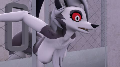 1girls 3d ass ass_focus breasts female helluva_boss loona_(helluva_boss) sfm stuck stuck_in_door white_body white_hair wolf_girl