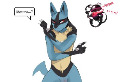 2024 anthro bassenji black_hands blue_body blue_fur chest_spike claws cuntboy dialogue english_text fur generation_4_pokemon genitals hi_res intersex lucario nintendo pokeball pokemon pokemon_(species) portrait pussy red_eyes simple_background solo sound_effects speech_bubble spikes spikes_(anatomy) standing tan_body tan_fur text three-quarter_portrait white_background