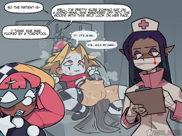 3girls afterimage anal anal_impregnation anal_object_insertion anal_pregnancy bandages belly_bulge black_hair blonde_hair bottomless_female cleft_of_venus clipboard clown colored_skin dark-skinned_female dark_skin domino_(star_rifle) domino_mask dubcon dubious_consent dye_(star_rifle) english_text female female_only grey_skin hat heart heavy_makeup held_down hospital hypnosis jester long_hair mary_janes mask mime mime_makeup mouth_mask multiple_females multiple_girls mushroom nurse nurse_cap parasite pink_hair pointy_ears pregnant pussy red_eyes scarf sharp_teeth speech_bubble spread_legs star_rifle striped sweat teeth thighhighs