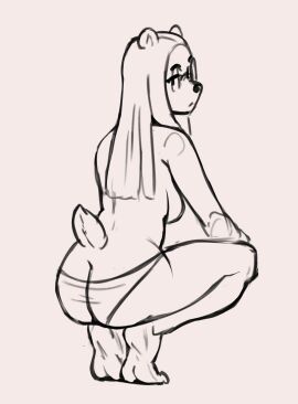 anthro ass barefoot bear black_and_white breasts casual_nudity clothing digital_drawing_(artwork) digital_media_(artwork) expressionless eyewear feet female full-length_portrait fur glasses hair hi_res line_art long_hair looking_at_viewer looking_back mammal monochrome nude panties perfecthorizon portrait rear_view simple_background sketch solo tail tiptoes underwear wearing_glasses wide_hips