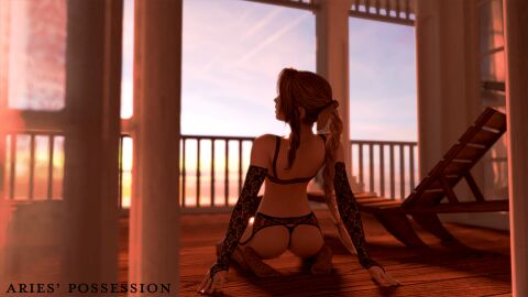 3d aerith_gainsborough ariespossession ass ass_focus blender_(software) blender_cycles blue_eyes breasts brown_hair female female_only final_fantasy final_fantasy_vii garter_belt garter_straps lace-trimmed_bra lace-trimmed_thighhighs lingerie long_hair petite petite_body petite_breasts petite_female sunset thong