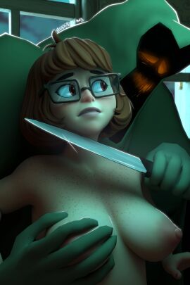 3d blender blender_(software) blender_cycles breasts dubious_consent female freckles ghost glasses green_ghost_(scooby-doo) human human_female knife large_breasts light-skinned_female light_skin male scooby-doo signature text undead_h34d velma_dinkley