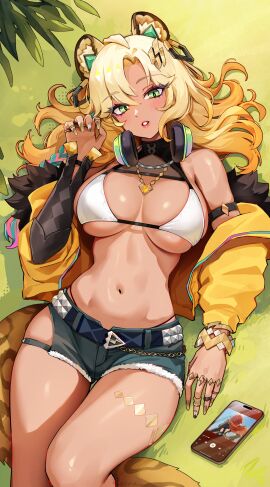 1girls animal_ears bikini_top blonde_hair breasts cleavage female foxyreine genshin_impact green_eyes hi_res hoyoverse huge_breasts kemonomimi long_hair long_nails mihoyo mihoyo_technology_(shanghai)_co._ltd. necklace outdoors smartphone thighs xilonen_(genshin_impact)