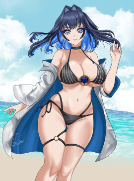 1girls 2d 2d_(artwork) alternate_costume beach belly_button big_breasts bikini bikini_bottom bikini_top black_bikini black_bikini_bottom black_bikini_top blue_eyes blue_hair blue_nails bra breasts clouds day female female_focus female_only front_view high_resolution highres hololive hololive_english hololive_english_-council- hololive_english_-promise- hourglass_figure light-skinned_female light_skin looking_at_viewer multi-strapped_bikini navel ocean ouro_kronii outdoors revealing_swimsuit sand short_hair sky slim_female smiling smiling_at_viewer solo solo_female solo_focus standing summer swimsuit thong thong_bikini two-tone_hair two_piece_swimsuit valneeko virtual_youtuber voluptuous voluptuous_female vtuber vtuberfanart water wholesome young younger_female