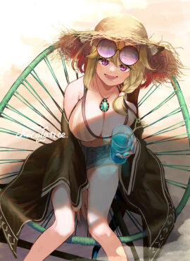 artist_request beach beach_chair bikini blonde_hair blue_drink breasts broach eyewear_on_head female green_hair necklace straw_hat sunglasses tagme