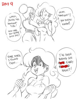 2girls breasts censored_dialog chichi chinese_clothes crazy_smile dragon_ball dragon_ball_(classic) dragon_ball_super dress earrings female fluffy_hair fully_clothed funsexydragonball good_launch launch lunch_(dragon_ball) medium_breasts monochrome no_nut_november short_hair swearing text text_bubble thought_bubble