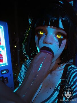 1boy 1girls ai_generated ai_video alberist beret black_hat black_lipstick blunt_bangs blush bob_cut body_freckles bouncing_breasts cleavage deepthroat face_paint fellatio freckles glowing_eyes huge_breasts huge_cock large_breasts large_penis mime original_character outdoors shiny_skin solo_focus straight striped_shirt suspenders tagme vending_machine video yellow_eyes