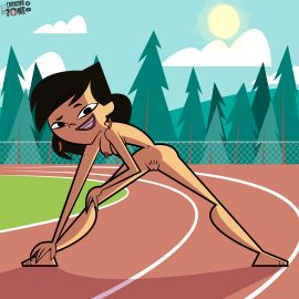 1girls 2d 2d_(artwork) accurate_art_style artist_logo athletic athletic_female barefoot big_breasts black_hair breasts carazar_zone completely_nude earrings feet female female_only nipples nude nude_female outdoor_nudity outdoors pubic_hair pussy sky_(tdi) smile stretching total_drama:_pahkitew_island total_drama_(series) total_drama_island vagina