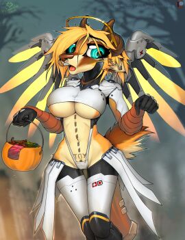 anthro basket big_breasts blizzard_entertainment blonde_hair blue_eyes bovid breasts candy caprine clothing container cosplay cozze_(macmegagerc) dessert ear_piercing energy_wings facial_piercing female flesh_tunnel food fur gauged_ear gloves goat graded_belly hair halloween halo handwear hi_res holidays horn legwear macmegagerc mammal mechanical_wings mercy_(cosplay) navel navel_piercing nose_piercing nose_ring overwatch overwatch_2 piercing ring_piercing septum_piercing solo tail tattoo thigh_highs under_boob unusual_anatomy unusual_wings wings
