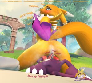 2024 3d anthro anus arm_tuft armwear bandai_namco biped black_body black_nose black_sclera blue_eyes blue_markings bridal_gauntlets canid canine cheek_tuft claws clothing countershade_torso countershading cunnilingus day demon dialogue digimon digimon_(species) digital_media_(artwork) digitigrade dipstick_ears duo ear_markings english_text eye_markings eyebrows facesitting facial_tuft feet female fox genitals gloves gloves_(marking) gloves_only handwear handwear_only imp impmon kespr leg_markings looking_at_another looking_at_partner looking_back looking_back_at_another looking_back_at_partner lying_on_ground male male/female mammal markings monster_boy mostly_nude multicolored_body multicolored_ears neck_tuft on_ground open_mouth oral outside pussy renamon renamon_(kespr) sex shoulder_tuft sitting_on_another socks_(marking) sound_effects tail text toe_claws toes tongue tongue_out tuft two-tone_body vaginal_penetration white_body white_countershading white_markings yellow_body yin_yang