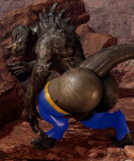 3d anthro ass backsack balls ballsack big_ass big_balls big_butt brand clothing deathclaw digital_media_(artwork) enclaw_(willie_piv) fallout genitals hi_res horn legwear male microsoft outside scalie solo tail thigh_highs willie_piv yellow_eyes