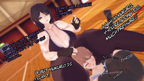 1boy 1girls 3d black_hair blue_eyes breasts brown_eyes brown_hair bulge danganronpa danganronpa:_trigger_happy_havoc erection erection_under_clothes female femboy femboy_on_female fenrirsjaw fingerless_gloves freckles freckles_on_breasts freckles_on_face fujisaki_chihiro head_between_thighs huge_breasts male mukuro_ikusaba size_difference thick_thighs thigh_crush thighs tomboy venus_body voluptuous