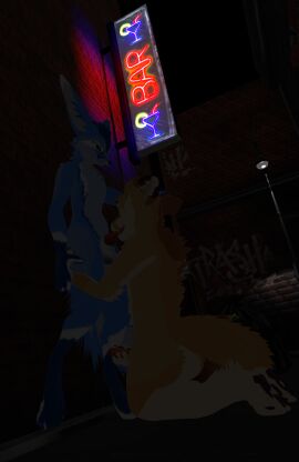 3d absurd_res anthro blazyer_(artist) blue_body brown_body canid canine digital_media_(artwork) duo fennec_fox fox head_grab hi_res male male/male mammal night oral outside paws public rexouium sex street street_lamp true_fox
