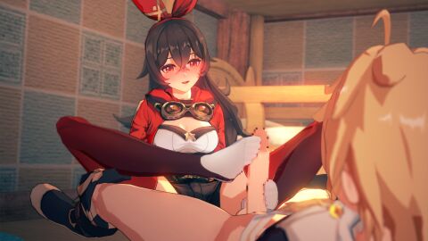 1boy 1girls 3d aether_(genshin_impact) amber_(genshin_impact) blur_censor blush censored censored_penis female footjob genshin_impact himpact_(artist) koikatsu male mihoyo penis pleasure_face