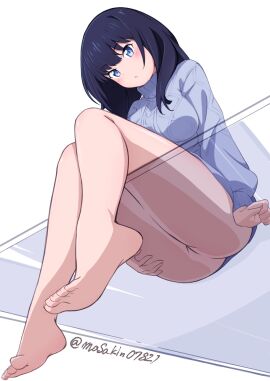 1girls 2d against_glass ass bare_legs barefoot black_hair blue_eyes blush bottomless breasts feet female from_below gridman_universe gridman_universe_(film) highres long_hair long_sleeves looking_at_viewer looking_down masakin pussy sitting soles solo ssss.gridman sweater tagme takarada_rikka thighs toes turtleneck turtleneck_sweater twitter_username uncensored