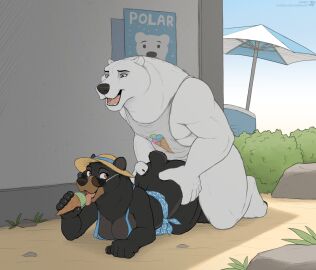 ambiguous_penetration anthro beach_umbrella bear black_bear blue_eyes bottomless breasts building chugging cleavage clothed clothing doggy_style duo eyewear female food from_behind_position fur happy happy_sex hat headgear headwear hi_res ice_cream_cone jishinu licking_ice_cream male male/female mammal outside parasol penetration polar_bear sex shadow shirt short_tail smile sun_hat sunglasses tail tank_top topwear ursine white_body white_fur