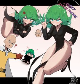 1boy 1girls anger_vein angry ass big_ass breasts clothed clothing curly_hair female female_focus green_hair male multiple_views one-punch_man ryz_ryz saitama short_hair simple_background small_breasts tagme tatsumaki thick_thighs thighs wide_hips