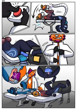 ailurid anthro bodily_fluids canid canine canis clothing coat coyote female fox fucking_machine genital_fluids genitals group labcoat lying machine male male/female mammal on_back penetration pussy questionable_consent raenbowcat raised_leg red_panda restrained restraints sex sex_machine topwear trio vaginal_fluids vaginal_penetration