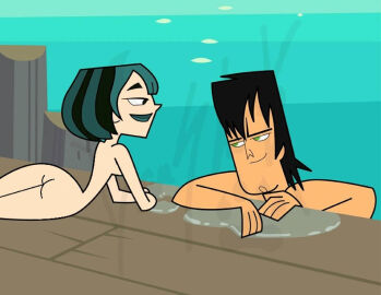 1boy 1girls 2d accurate_art_style black_hair completely_nude dock female gwen_(tdi) male naked naked_female nude nude_female on_side partially_submerged tagme teal_hair total_drama_island trent_(tdi) water wet