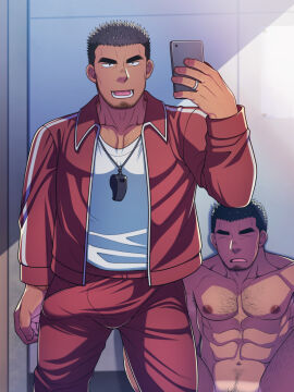 2boys abs arm_hair armpit_hair bara beard_stubble beefy big_areola big_bulge big_penis black_hair blush bulge bulge_through_clothing cellphone chest_hair closed_eyes clothes_swap collarbone completely_nude convenient_censoring daddy dilf erection erection_under_clothes face_mask frown fully_clothed futase_hikaru gay happy_trail hi_res holding_object hunk imposter jacket jewelry laugh leg_hair legs_apart lunatique male male_only masculine_male mature_male muscles muscular muscular_arms muscular_legs muscular_male muscular_thighs navel nude original original_character p.e._teacher pecs penis pubic_hair ring sanpaku selfie short_hair sitting six_pack skinsuit sleeping small_pupils smartphone spiky_hair standing swapped_clothes sweat sweatdrop tan tan_body tanline thick_eyebrows thick_penis tough_guy veiny_arms whistle whistle_around_neck yaoi