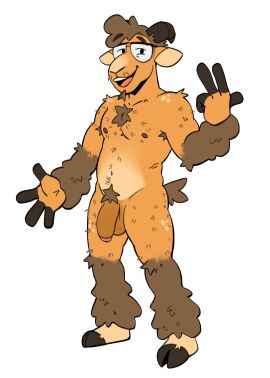 anthro balls body_hair bovid brown_body brown_fur brown_hair caprine chest_hair curled_hair curved_horn eyewear eyewear_only facial_hair flaccid fur genitals glasses glasses_only goatee hair hi_res hooves horn humanoid_genitalia humanoid_penis male male_only mammal moche_(mocheccino) mocheccino nude open_mouth open_smile penis pubes sheep simple_background smile solo stubble tan_body tan_fur wearing_glasses white_background yellow_body yellow_fur