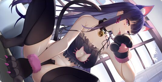 akuma_nihmune akuma_nihmune_(nyami) animal_ears animal_hands bangs bell black_bra black_panties black_thighhighs bra breasts cat_cutout cat_ears cat_lingerie cat_tail cleavage cleavage_cutout clothing_cutout collar female gloves heart indie_virtual_youtuber jingle_bell large_breasts long_hair looking_at_viewer marking_below_eyes meme_attire navel neck_bell panties paw_gloves purple_eyes purple_hair solo squatting strap_slip tail thighhighs tongue tongue_out underwear virtual_youtuber