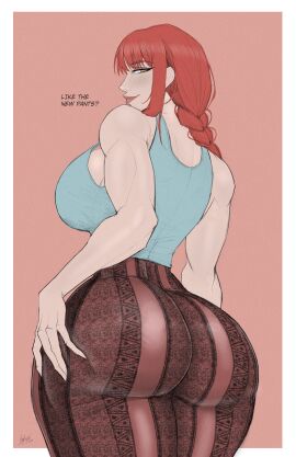 1girls ass ass_focus bare_shoulders blush breasts chainsaw_man female flare_pants forbidden_pants hourglass_figure huge_ass huge_breasts makima_(chainsaw_man) nexjade phat_ass red_hair seductive_look tank_top thick_ass thick_thighs voluptuous voluptuous_female