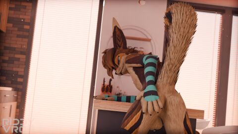 3d absurd_res anthro arm_warmers armwear ass backsack balls ballsack blender_(artwork) blender_cycles clothing digital_media_(artwork) genitals hi_res kitchen kitchen_table looking_at_viewer looking_back male miyoka presenting presenting_hindquarters raised_tail rexouium riddyvrc solo tail warmers