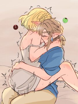 1boy 1girls aorin bare_shoulders bed blank_background blonde_hair blush breasts brown_hair climax closed_eyes clothed_sex dress earrings eyebrows_visible_through_hair faceless_female female female_on_top head_between_breasts hug hugging leg_lock light-skinned_female light-skinned_male light_skin link lotus_position male nintendo orgasm pointy_ears princess_zelda seated seated_cowgirl sex shirt stamina_wheel sweat tears_of_the_kingdom the_legend_of_zelda trousers wholesome wholesome_sex zelda_(tears_of_the_kingdom)